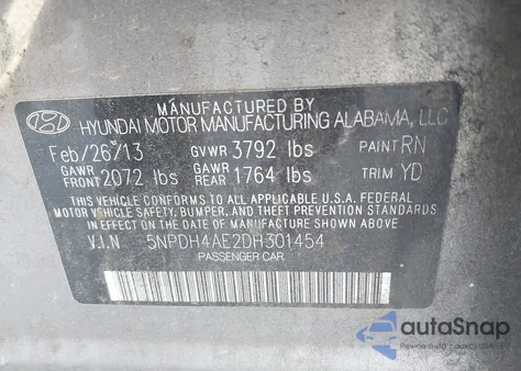 2013 Hyundai Elantra Gls from USA, damaged, VIN 5NPDH4AE2DH301454